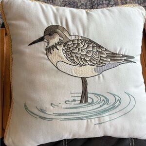 Coastal Shorebird Embroidered Accent Pillow in Cream and Brown